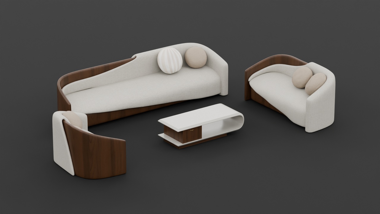 Media 1 for listing Organic Curved Wooden & Fabric Sofa Furniture Set with Modern Coffee Table