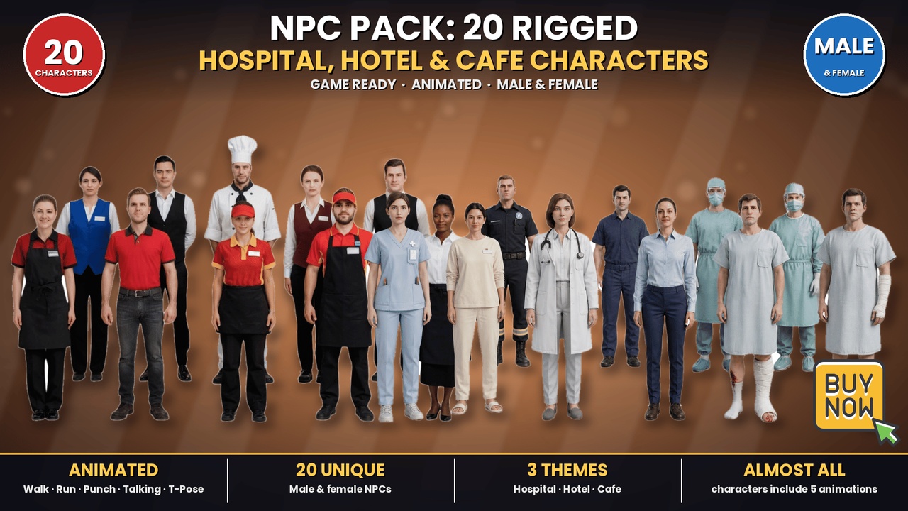 Media 1 for listing NPC Pack 20 Rigged Hospital Hotel Cafe Characters Game Ready