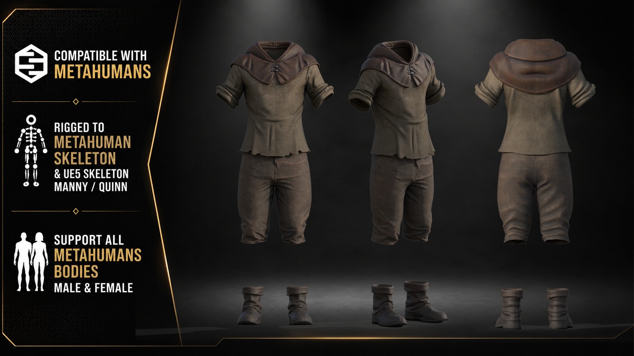 Media 1 for listing Medieval Commoner Outfit – All MetaHuman Bodies & UE5 Skeletons