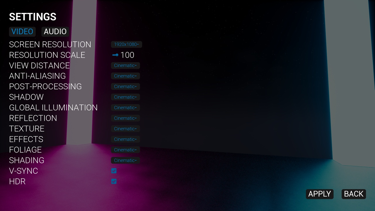 Media 1 for listing Video and Audio Settings Menu
