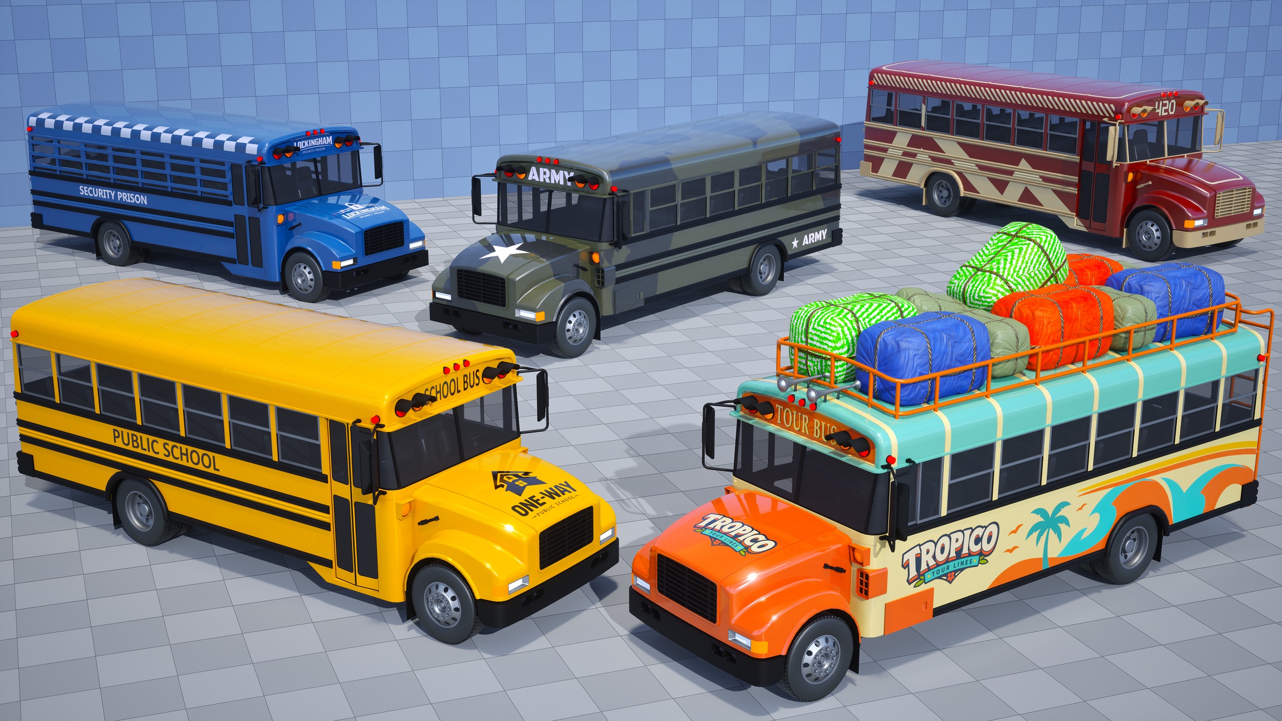 Media 1 for listing Stylized Drivable Vehicles - School Bus "Educator" & Prison Bus "Depresso"