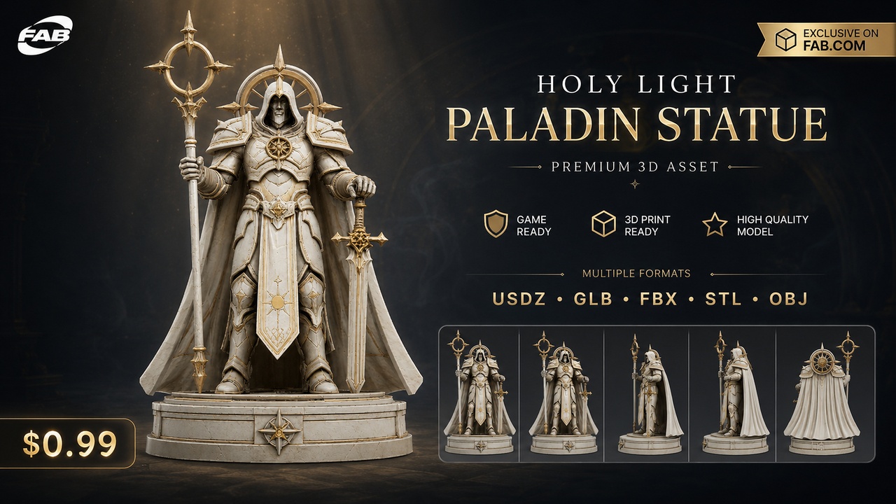Media 1 for listing Holy Light Paladin Statue | Premium Fantasy 3D Asset | AR Ready
