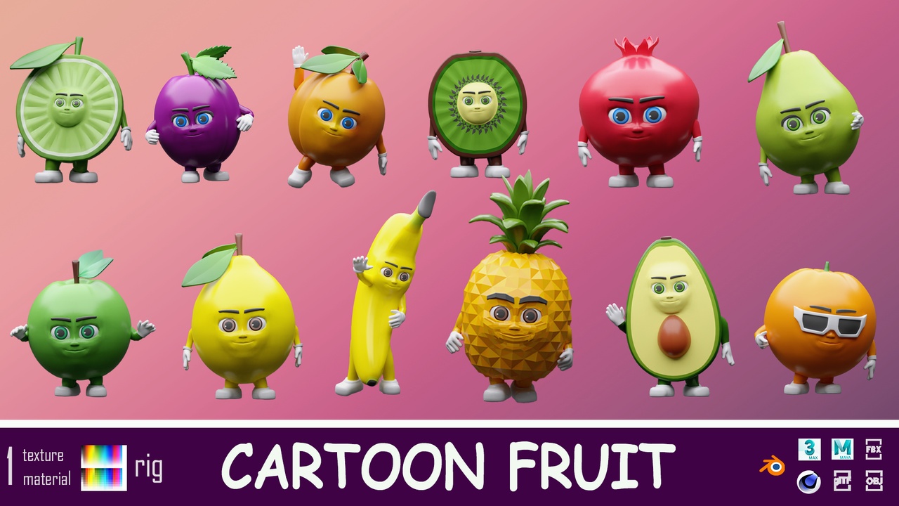 Cartoon character fruit - Low-poly asset pack | Fab