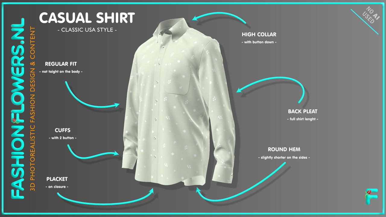 Media 1 for listing Mint Green Casual Shirt | Subtile White Flower Print | Cuffs | Buttondown Collar