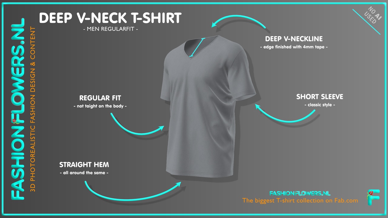 Media 1 for listing Gray Colour Deep V-neck T-shirt Straight Underside | Short Sleeves | Low V-neck