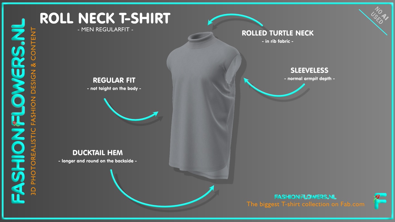 Media 1 for listing Gray Colour Ducktail Roll Neck T-shirt Without Sleeves | Turtleneck Tshirt