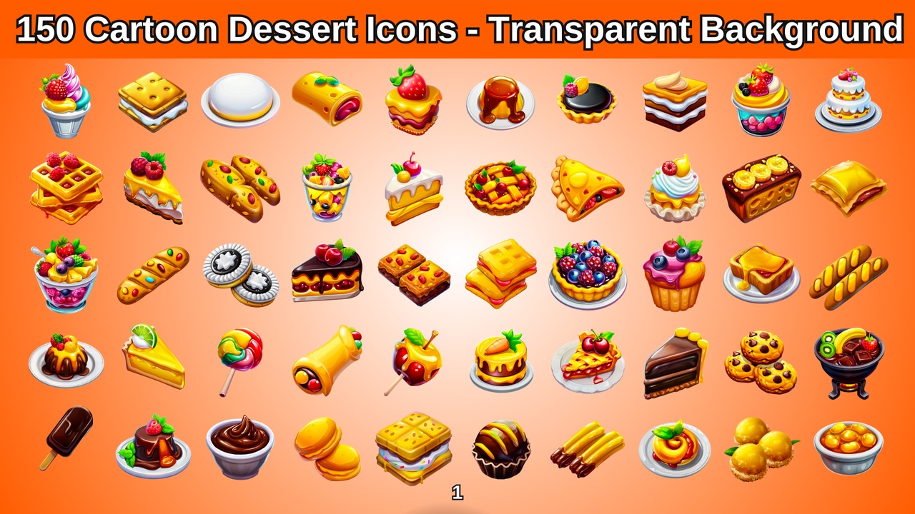 商品 150 Cartoon Dessert Icons - Transparent Background 的媒体 1
