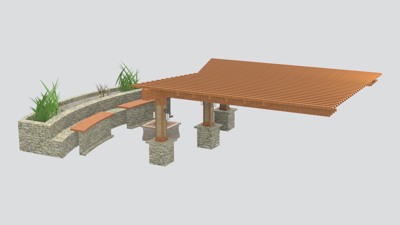 Media 1 for listing Rustic Wood and Stone Garden Pergola with Planters 3D Model