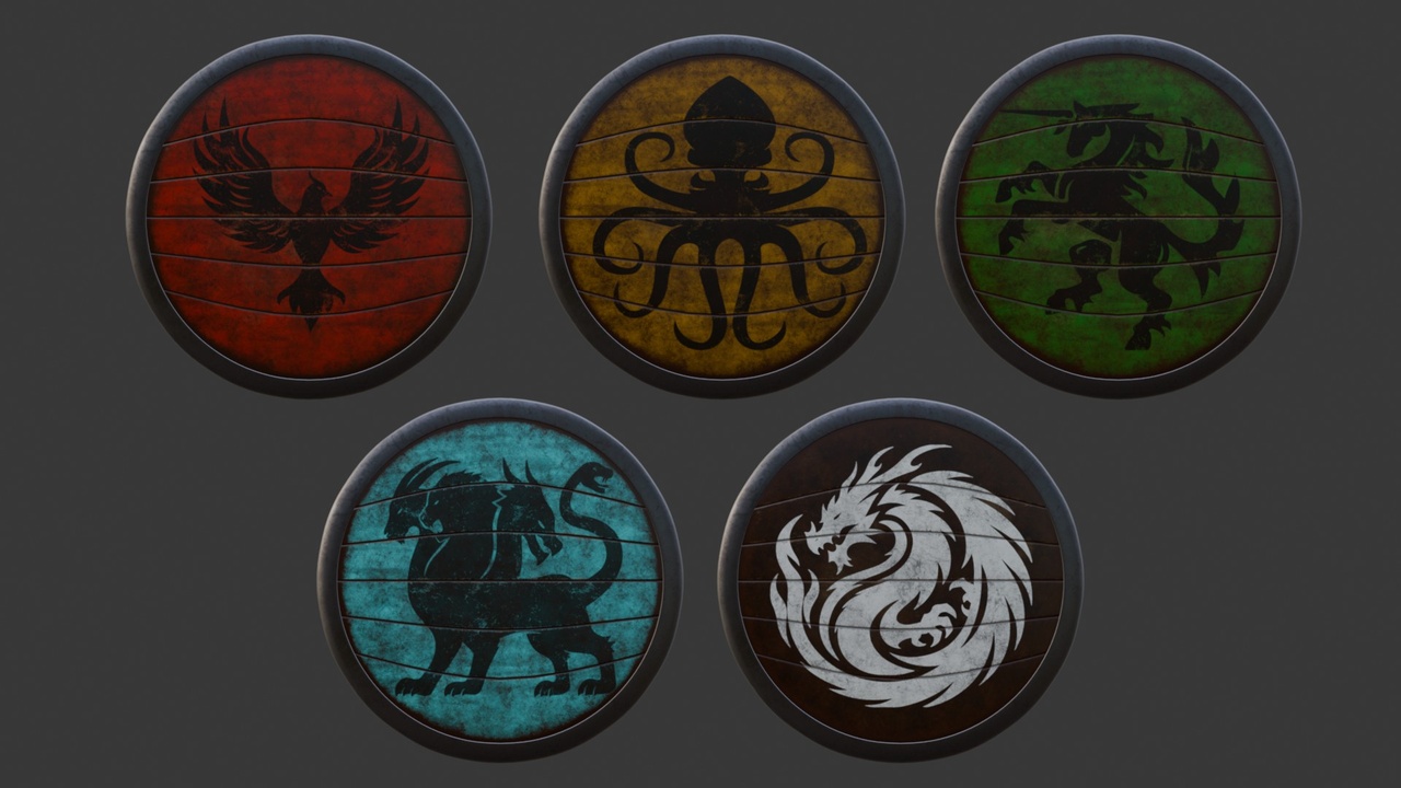 Media 1 for listing Fantasy Heraldic Shield Pack | Game Ready PBR Round Shields | Emblem Collection