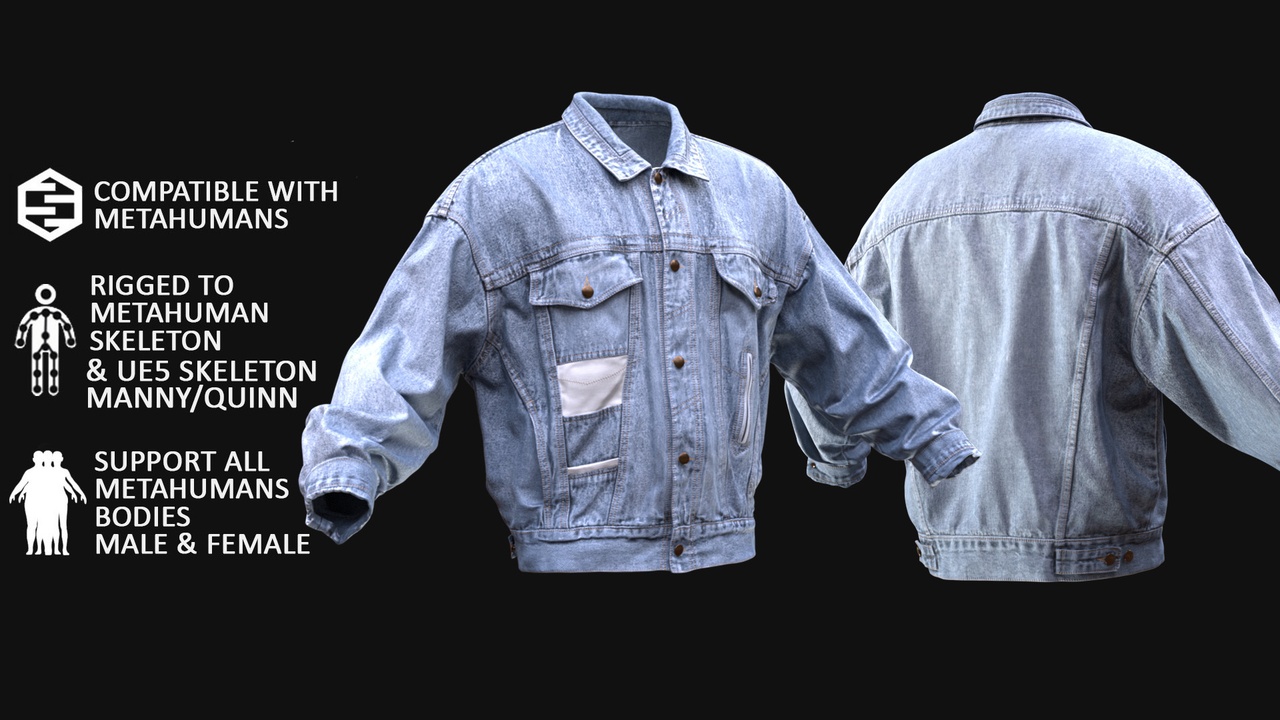 Media 1 for listing Denim Jacket for Metahuman 3D model 47 - MH & UE5 Skeletons - Rigged
