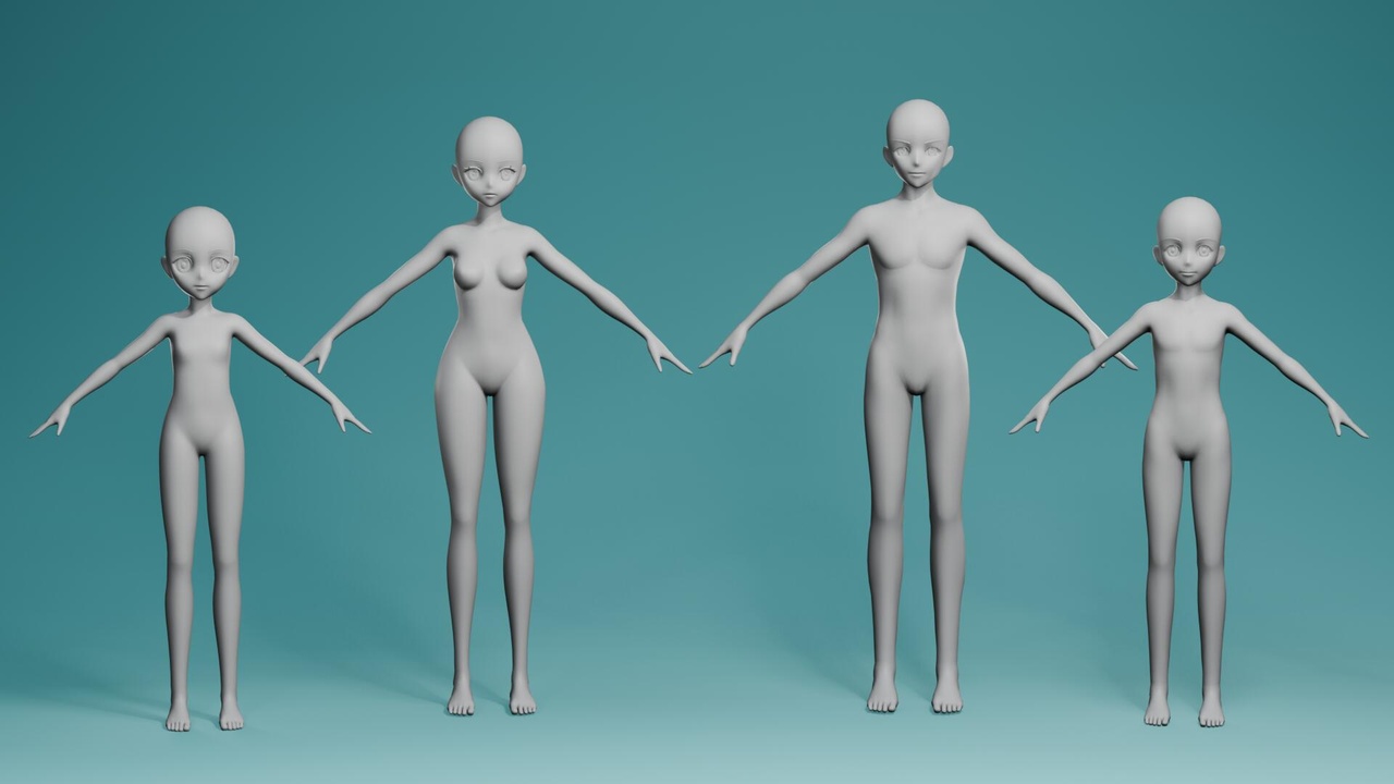 Media 1 for listing Stylized Anime Character Base Mesh Pack 3D Model – Male, Female, Boy, Girl