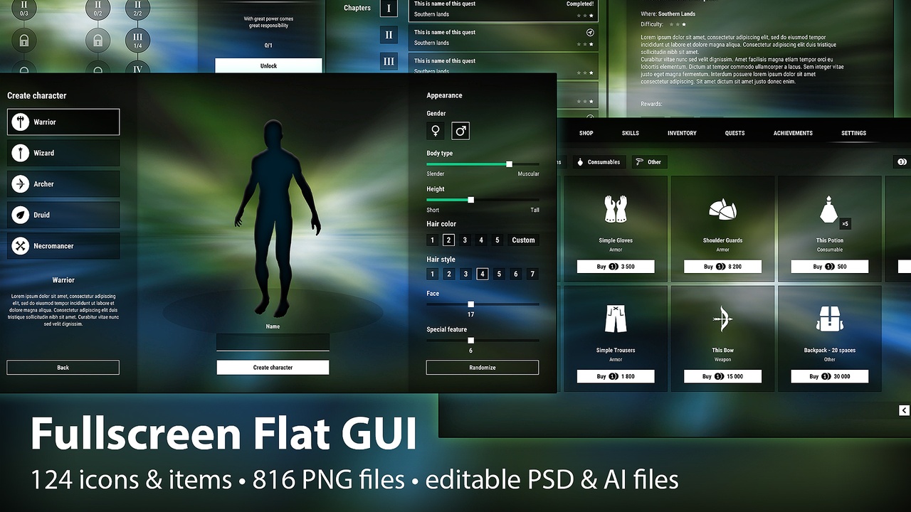 Media 1 for listing Fullscreen Flat GUI / UI Kit - transparent, rpg pack