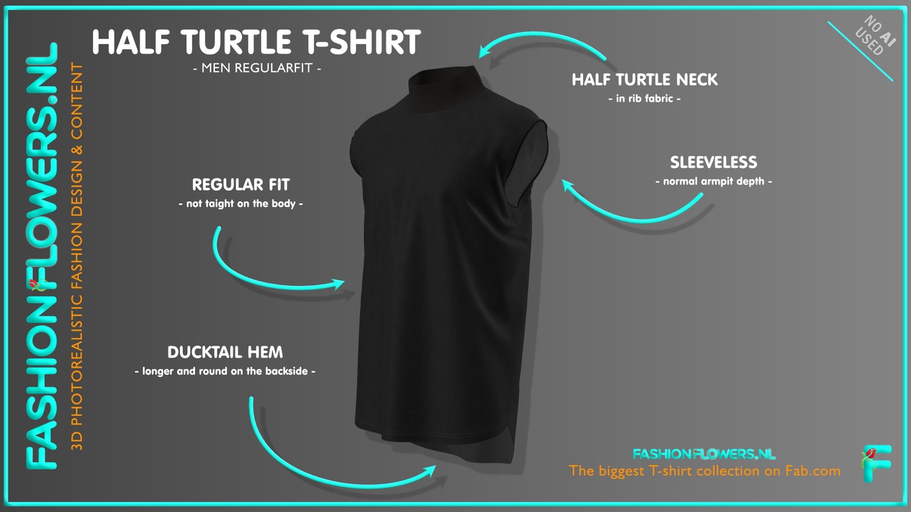 Media 1 for listing Black Colour Sleeveless Half Turtleneck Ducktail T-shirt | Longer Backside Shirt