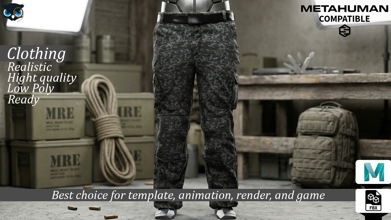 Media 1 for listing Tactical Digital Camo Cargo Pants  MetaHuman Compatible