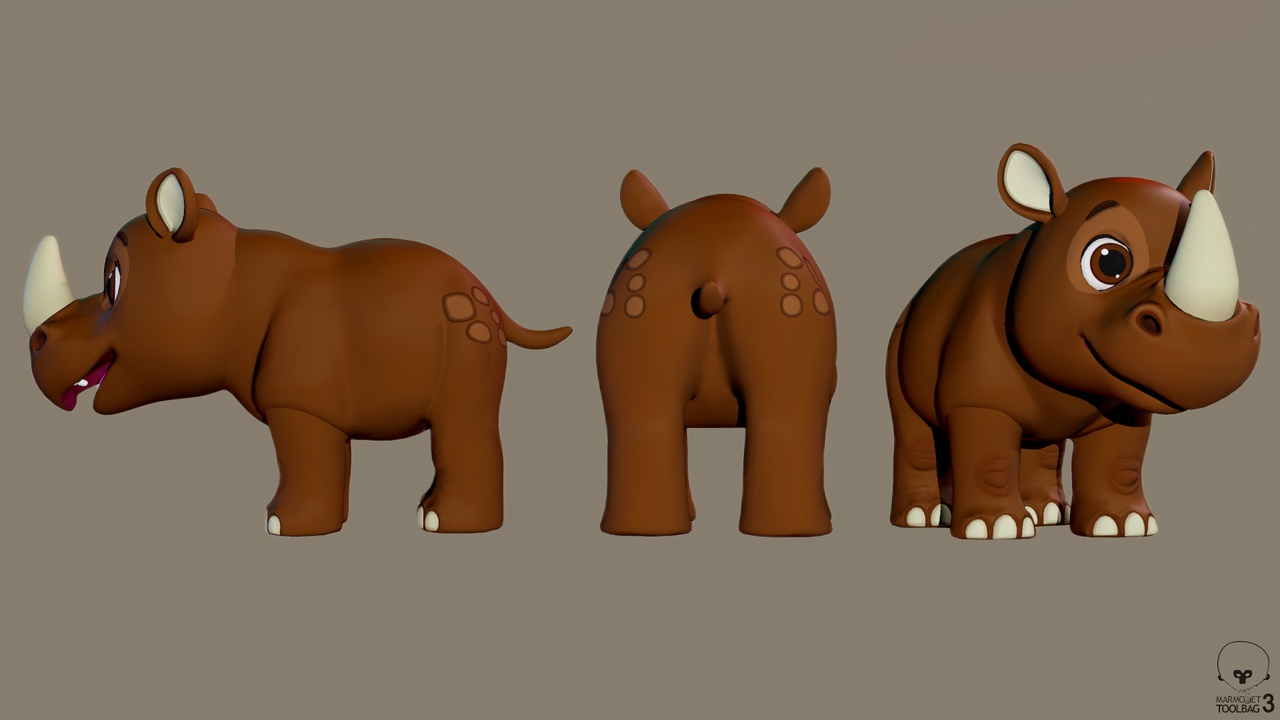Media 1 for listing Cute Dark Brown Safari Cartoon Rhino Low-poly 3D model