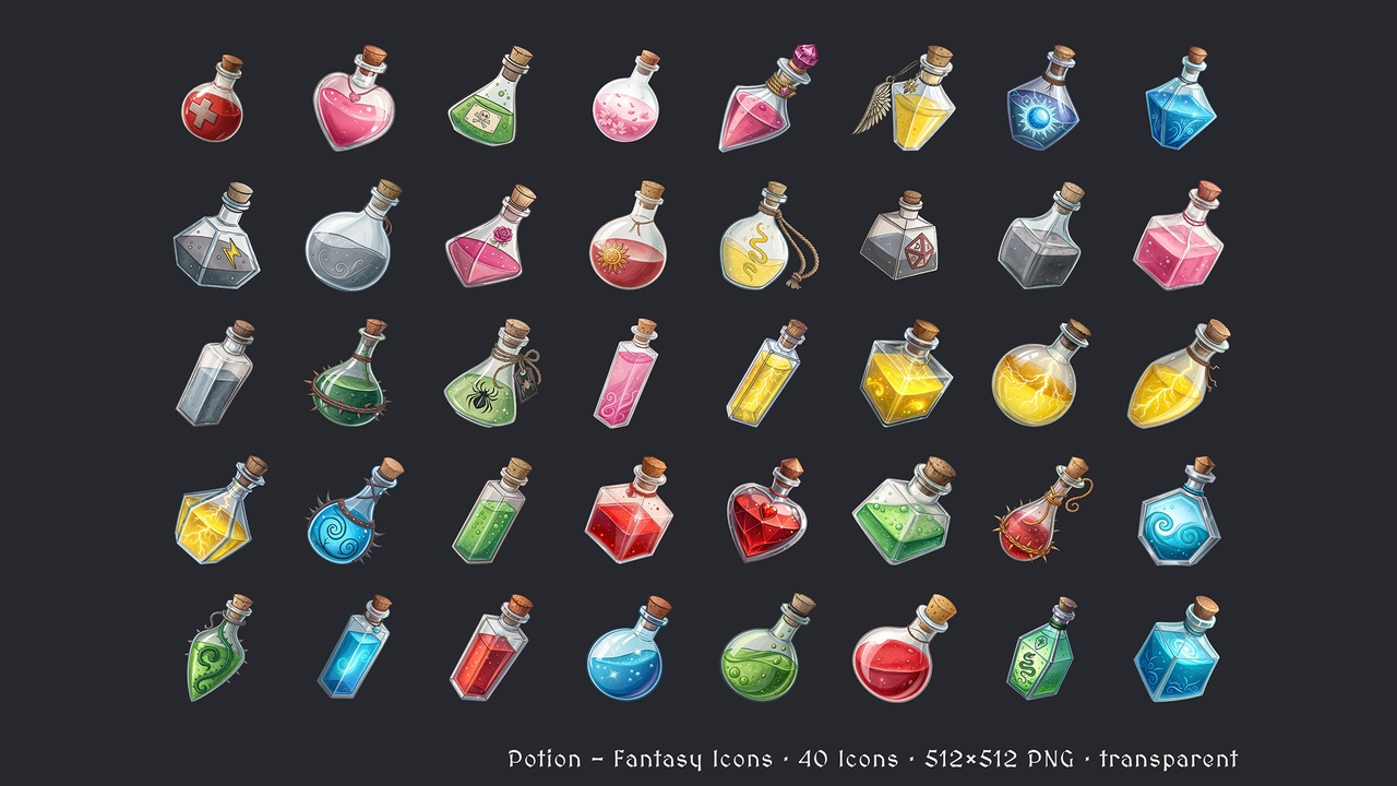 Media 1 for listing Potions - 40 Fantasy Icons [512x512 HD]