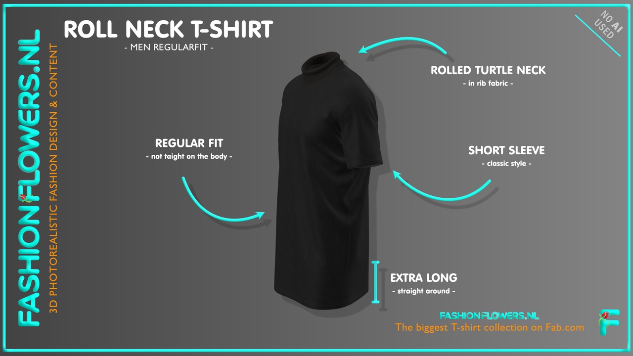 Media 1 for listing Black Colour Extra Long Roll Neck T-shirt | Short Sleeves | Straight Hem Tshirt