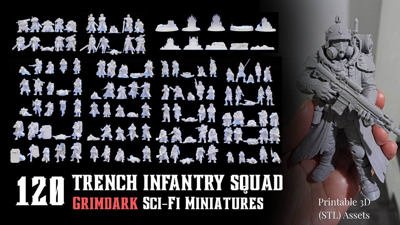 Media 1 for listing 120 Grimdark Sci-Fi Miniatures - TRENCH INFANTRY SQUAD