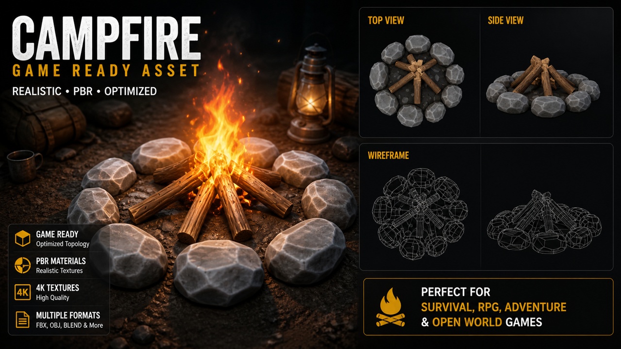 Media 1 for listing Stylized Campfire 3D Model – Game Ready PBR Asset, Survival / RPG Environment