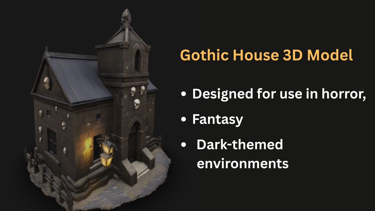 Media 1 for listing Haunted Gothic House 3D Model Stylized Horror Building with Skulls