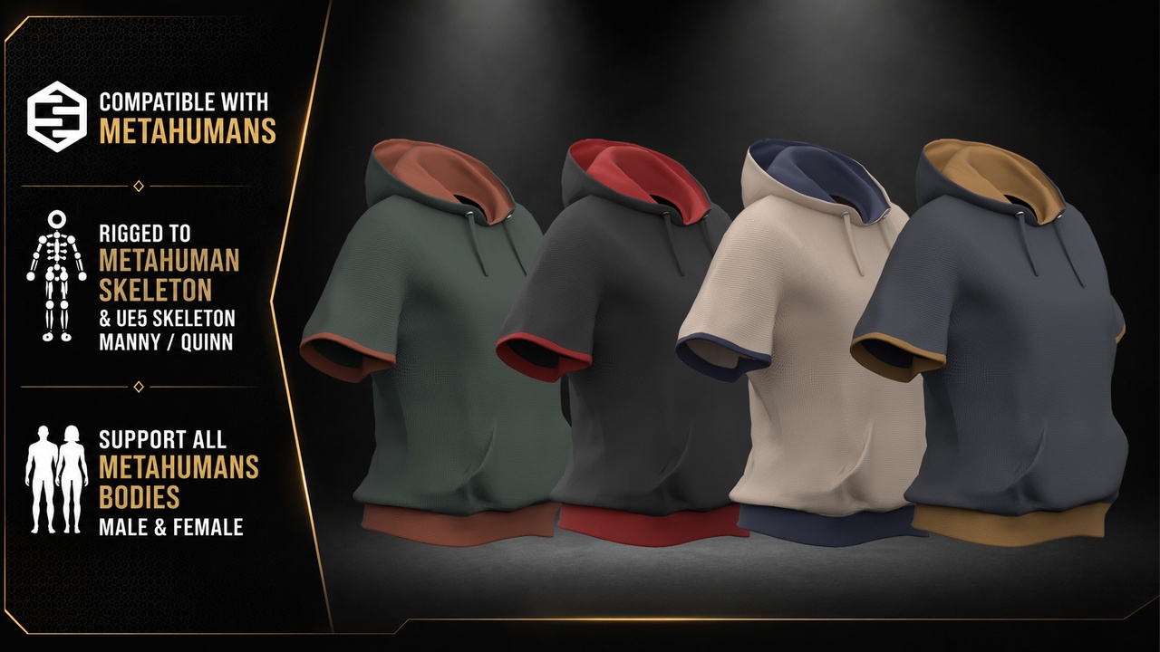 Media 1 for listing Short Sleeve Hooded Sweatshirt Pack | AAA Realistic | MetaHuman | UE5