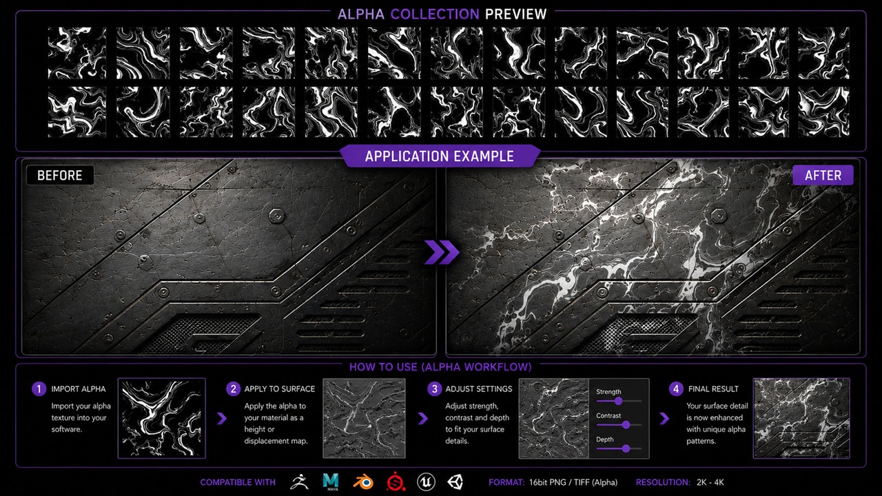 Media 1 for listing 50 Abstract Flow Alpha Decal & Brush Pack Vol 01 – 4K Game Art Assets