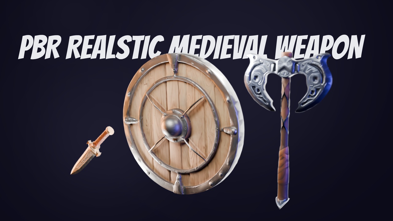 Media 1 for listing Medieval Weapon Pack 3D Game Assets | PBR Shield, Viking Axe & Dagger