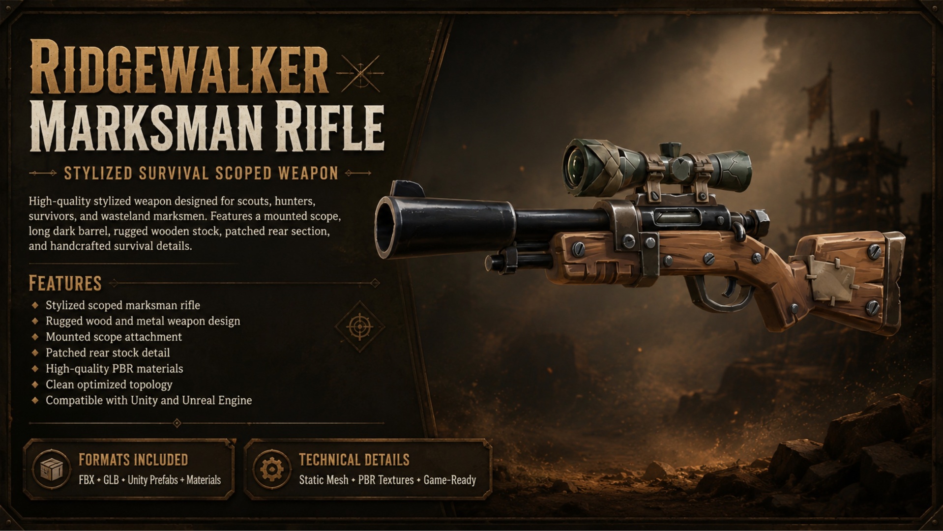 Media 1 for listing Ridgewalker Marksman Rifle – Stylized Survival Scoped Weapon