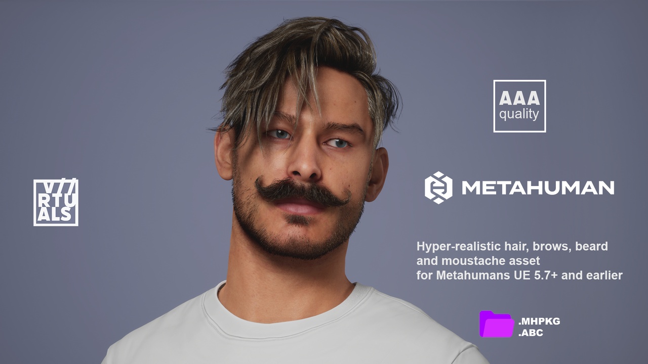 Media 1 for listing Messy Side Swept Haircut, Brows, Stubble & Mustache - Metahuman Groom - UGN