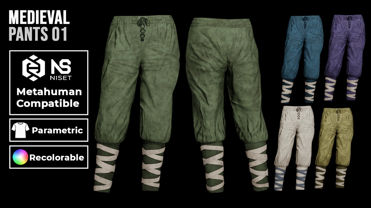 Media 1 for listing Medieval Pants 01 – Recolorable Parametric Trousers for Metahuman MH UE5 MHPKG