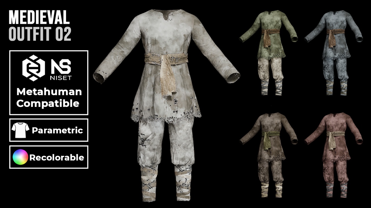 Media 1 for listing Medieval Outfit 02 - Recolorable Parametric Old Worn Tunic & Pants for Metahuman