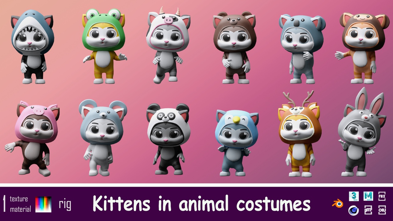Cartoon kittens in animal costumes - Low-poly asset pack 제품 등록을 위한 미디어 1개