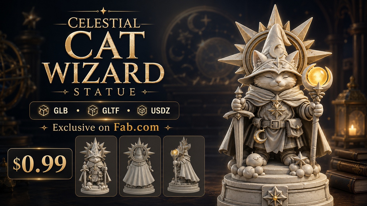 Media 1 for listing Celestial Cat Wizard Statue | Stylized Fantasy Cat Statue | AR Ready