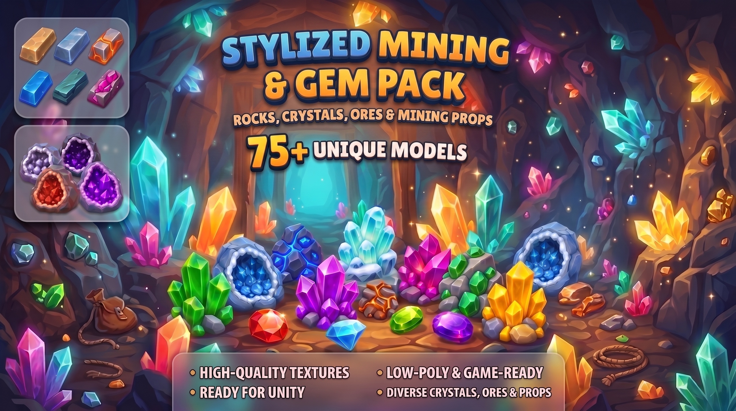 Media 1 for listing Stylized Mining & Gem Pack - Low Poly Rocks, Crystals, Ores & Props