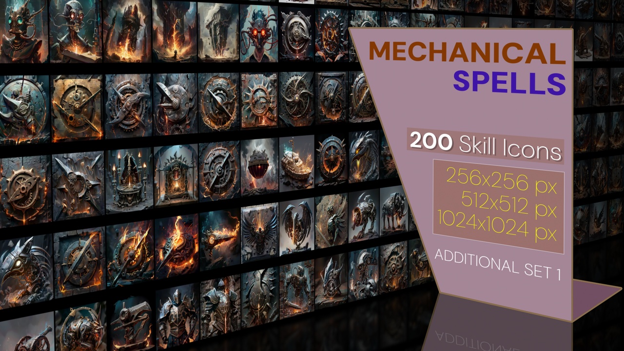 Media 1 for listing 200 additional magical spell icons themed around - Mechanisms. Pack 1