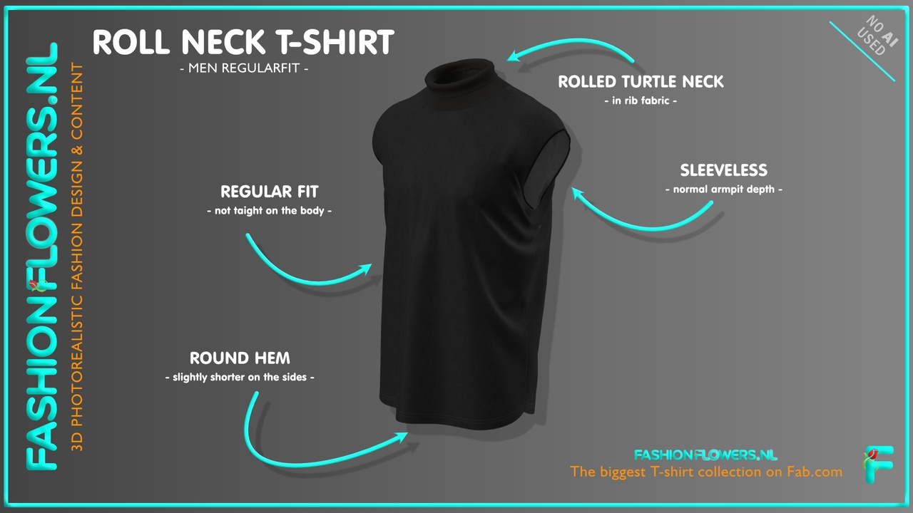 Media 1 for listing Black Colour Roll Neck T-shirt Without Sleeves | Rounded Hem | Turtle Neck Shirt