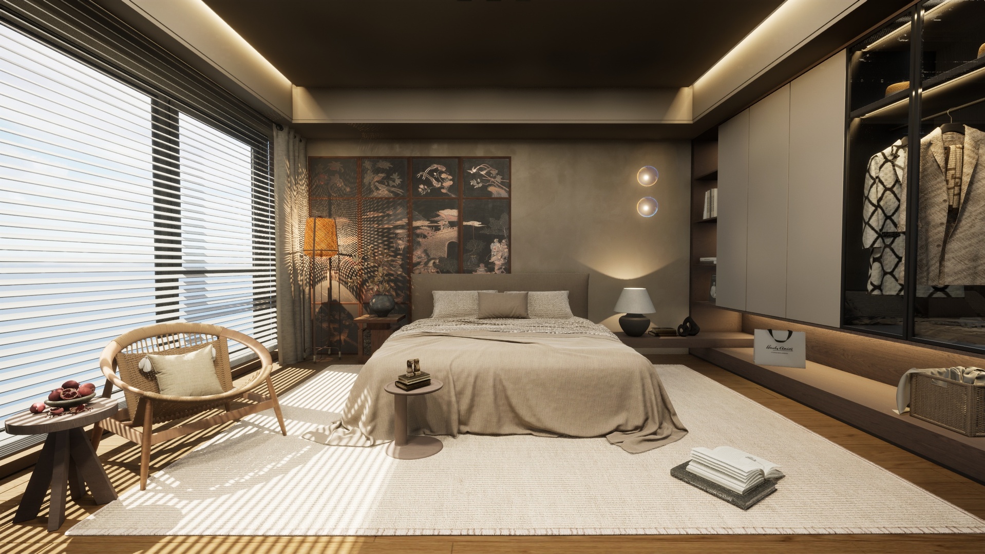 Media 1 for listing Modern Japanese-Inspired Bedroom Scene with Screen Art and Warm Lighting