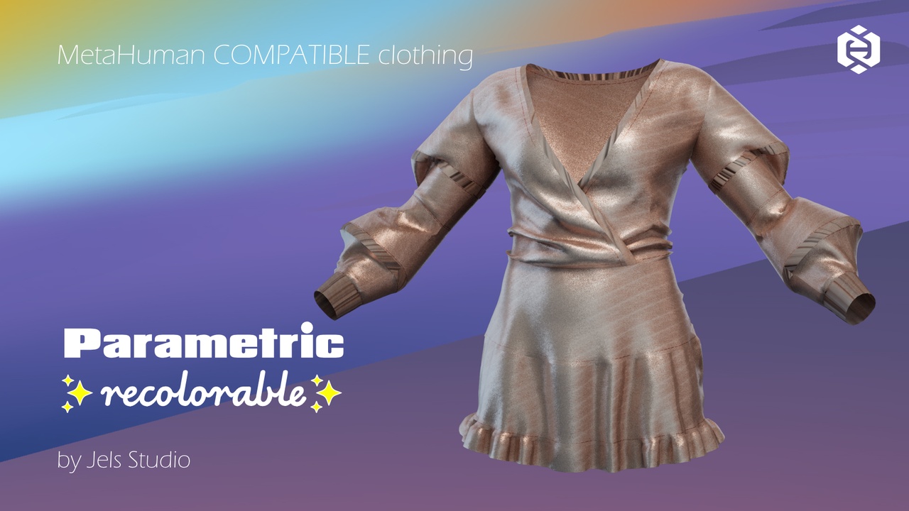 商品 Wrap dress - extra puffy sleeves - recolorable - parametric - Metahuman clothing 的媒体 1