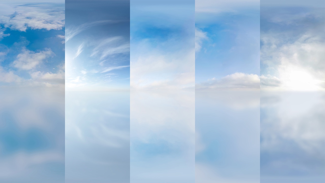 Pure cloudly sky (16k). Photorealistic partly cloudly HDRI