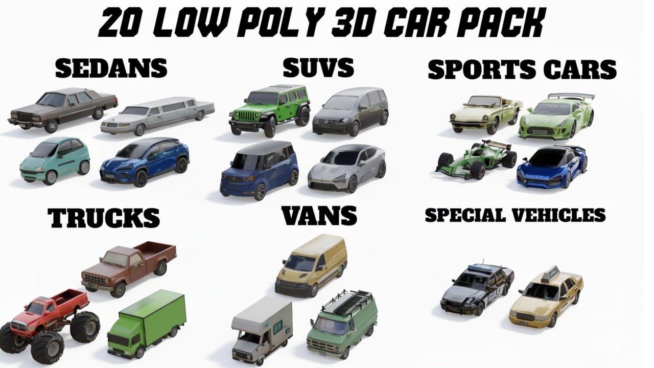 Media 1 for listing Ultimate Low Poly 3D Car Pack – 20 Vehicles for Games & Animations
