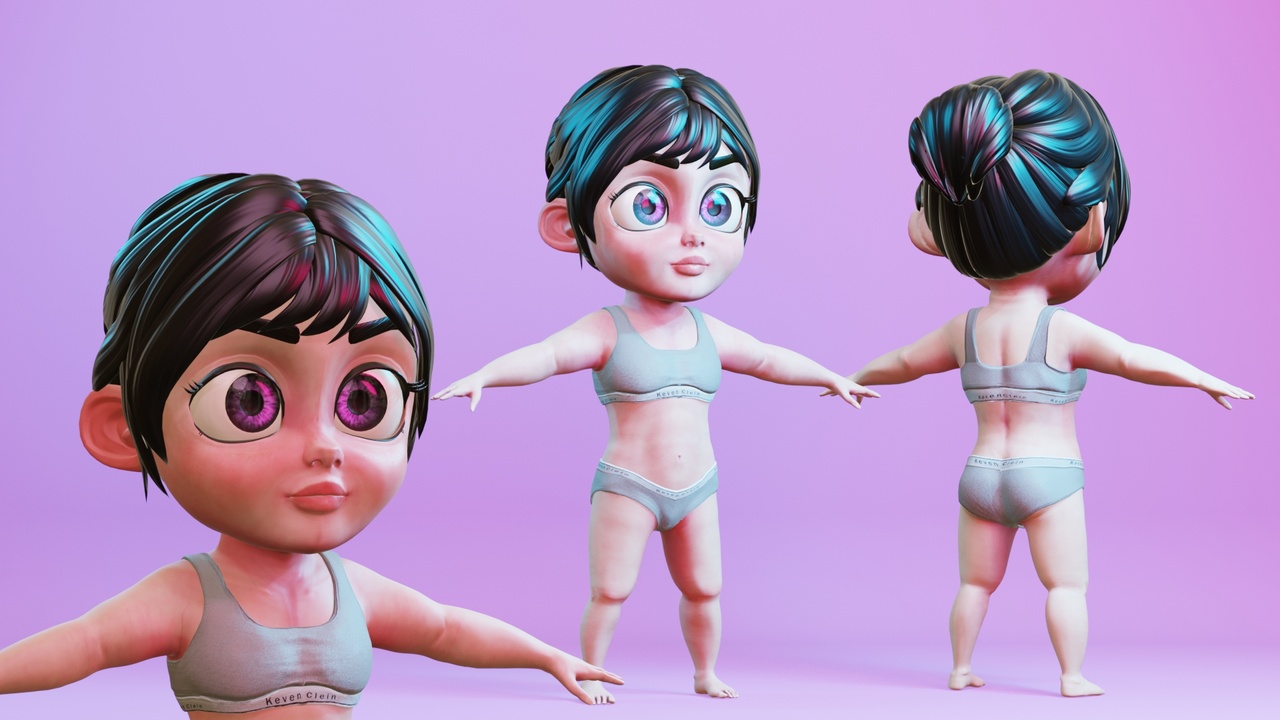 Media 1 for listing Stylized Cartoon Toddler Girl Rigged Base Mesh 3D Character