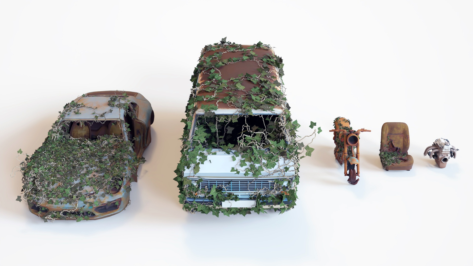 Media 1 for listing Old Abandoned Rusty Cars – Overgrown Post-Apocalyptic Vehicle Props Free 3d Pack