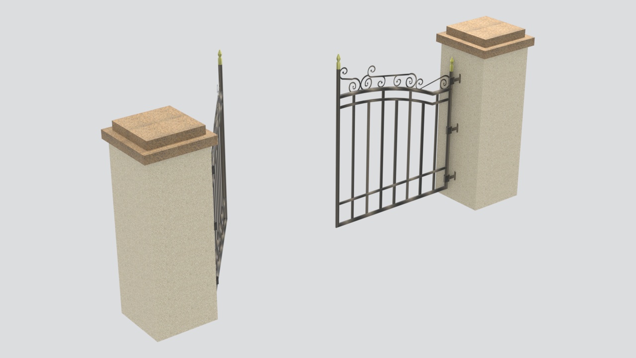 Media 1 for listing Double Wrought Iron Driveway Gate with Stone Pillars 3D Model