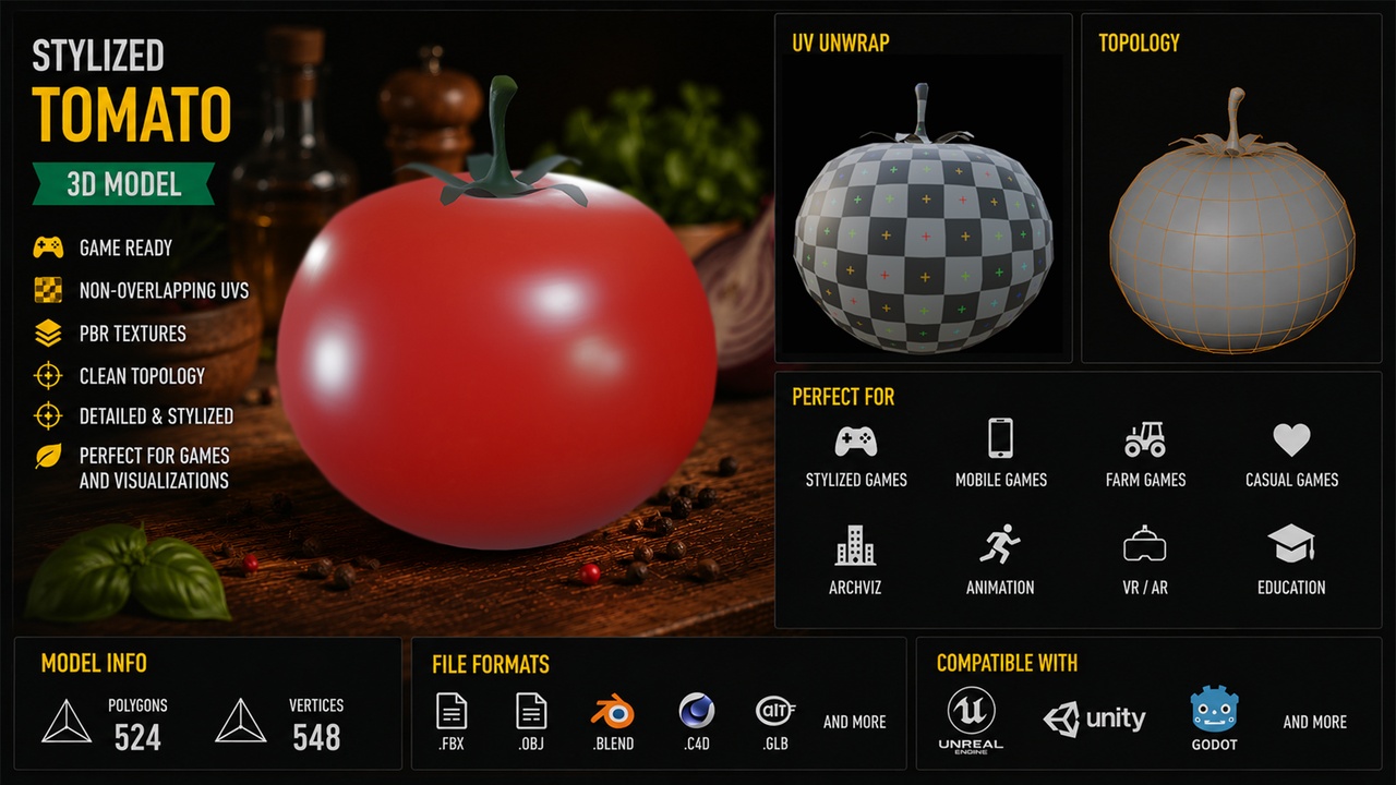 Media 1 for listing Stylized Tomato – Low Poly Game Ready Asset