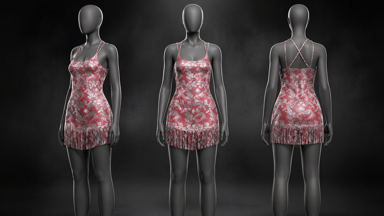 Media 1 for listing Realistic Fringe Mini Dress – Floral Metallic Fabric | MetaHuman Compatible