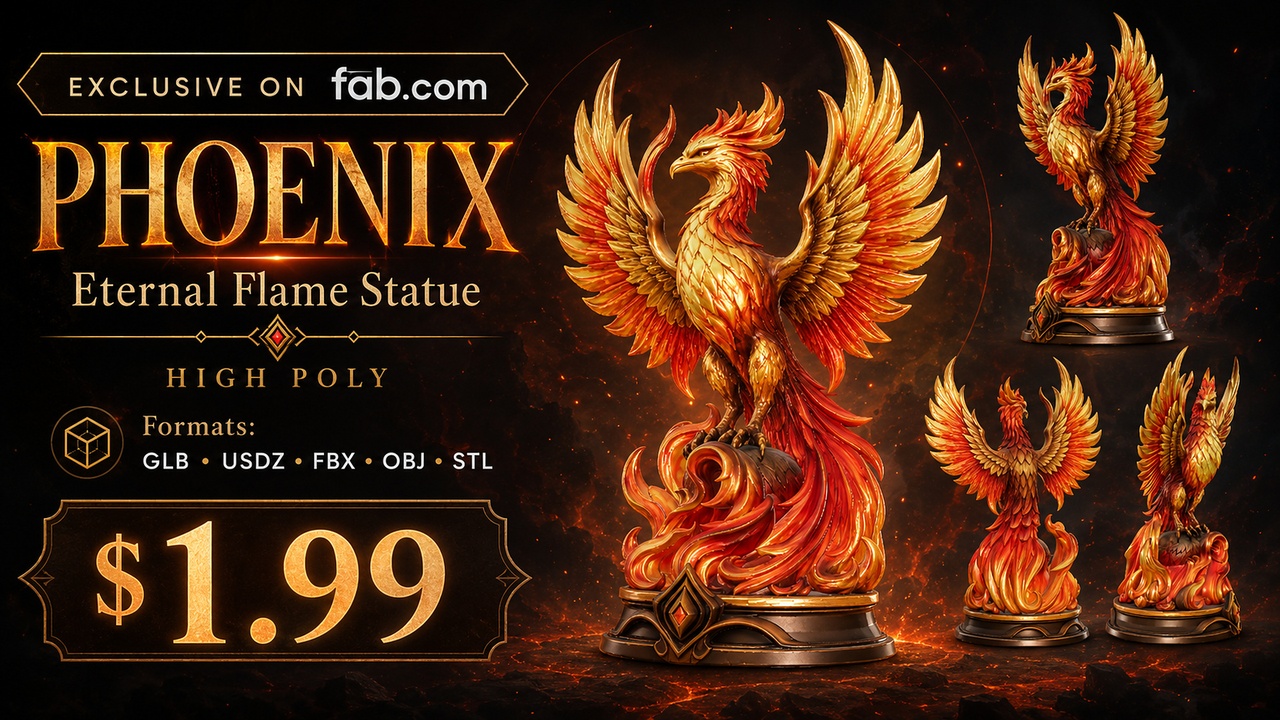 Media 1 for listing Phoenix Eternal Flame Statue | High Poly Fantasy 3D Asset | AR Ready