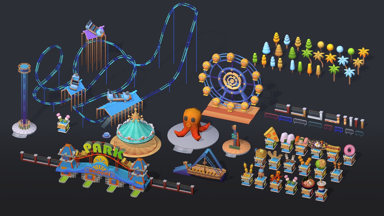 Media 1 for listing The low poly Amusement Park collection includes 72 different prop models in a st