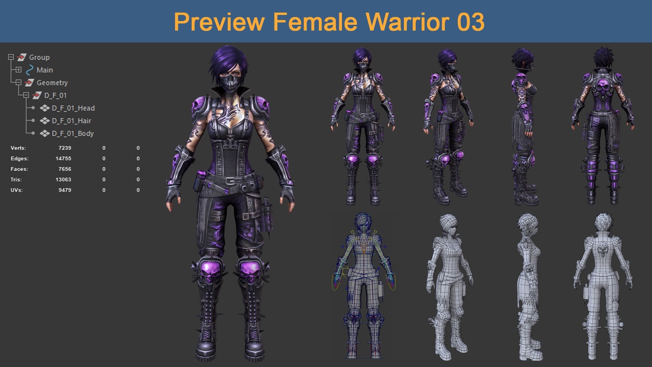 Media 1 for listing Asset - Character Female Warriors 03 - Ready for game Low-poly 3D model