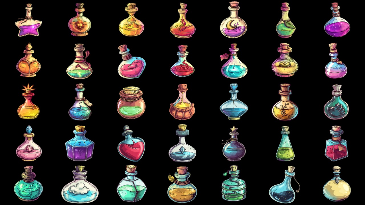 Media 1 for listing 140 Casual Potion Icons - Transparent Background for 2D Games
