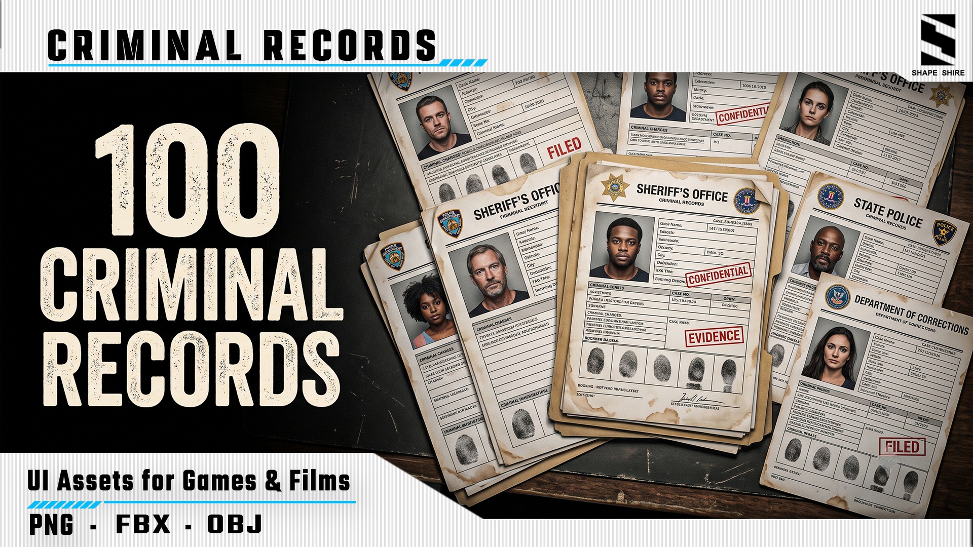 Media 1 for listing 100 Criminal Records Pack | PNG UI Assets for Games & Films